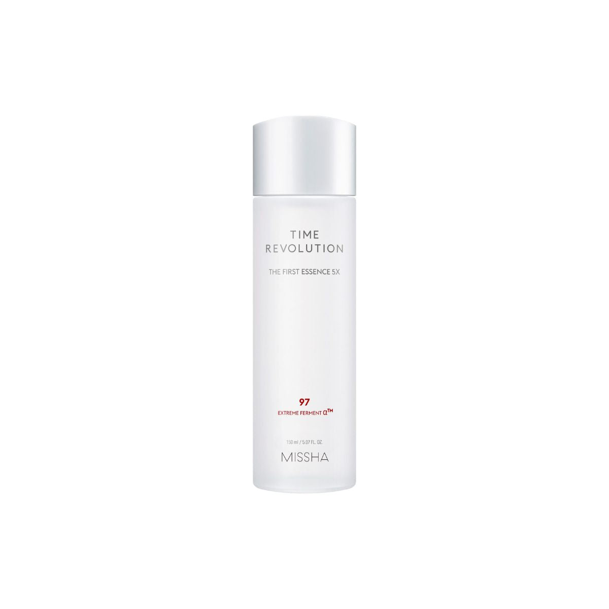 Missha Time Revolution The First Essence 5X in a 150ml bottle, showcasing the skincare essence with a clear, elegant packaging.