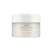 Missha Time Revolution The First Essence Toner Pad, 75 pcs, showing a box of skincare pads with branding and product details.