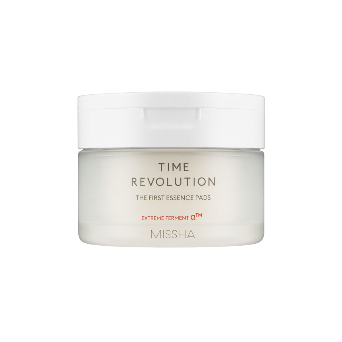 Missha Time Revolution The First Essence Toner Pad, 75 pcs, showing a box of skincare pads with branding and product details.