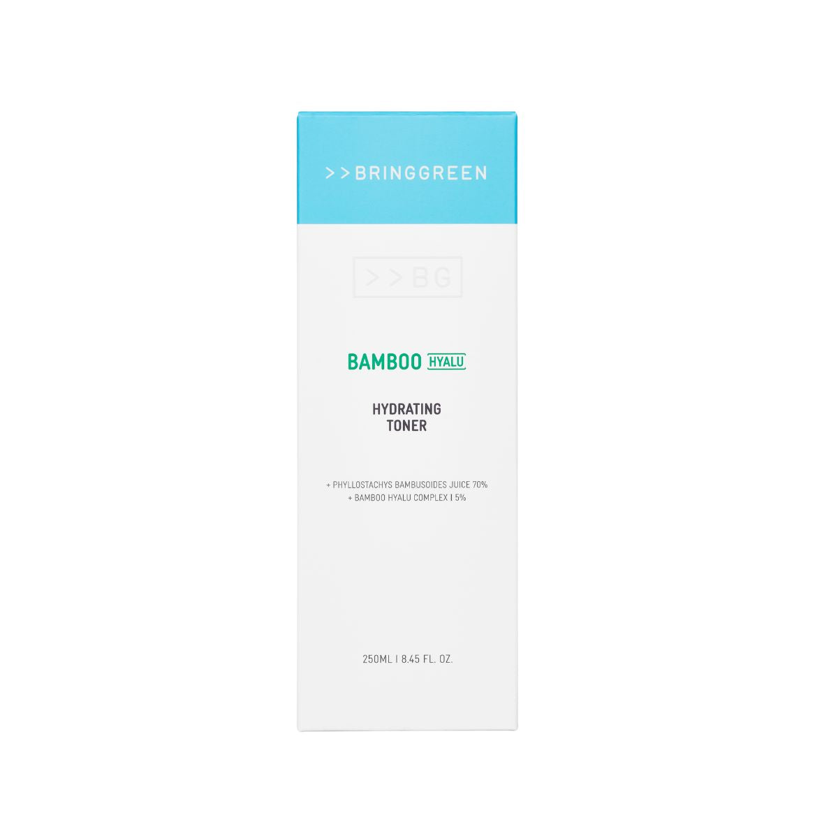Bring Green Bamboo Hyalu Hydrating Toner in a clear bottle with a white cap, showcasing its soothing, natural skincare formula.