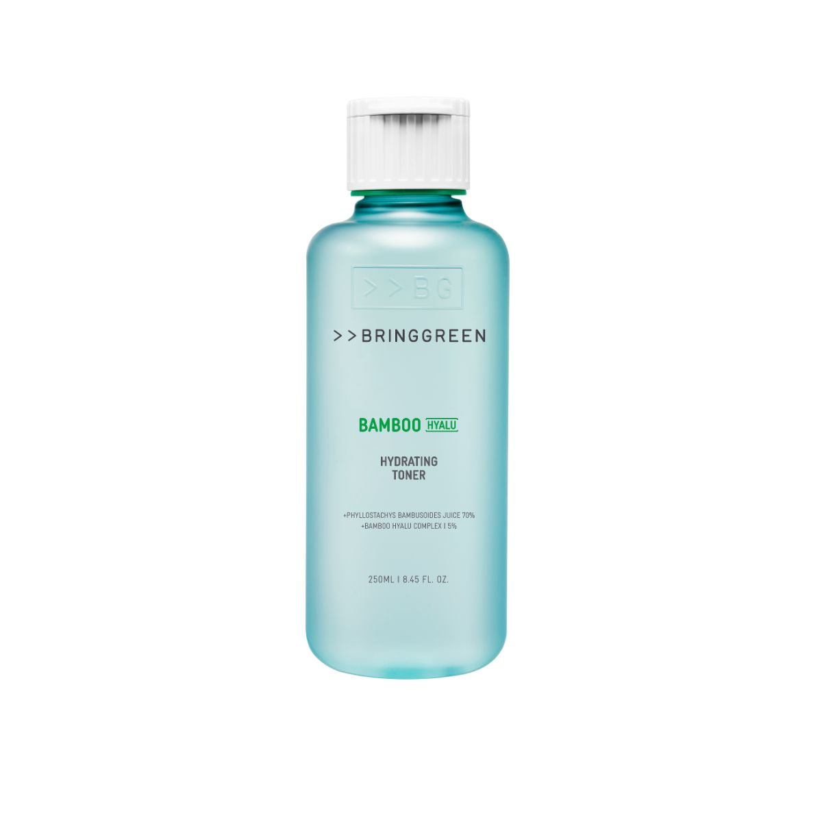 Bring Green Bamboo Hyalu Hydrating Toner in a clear bottle with a white cap, showcasing its natural, soothing skincare formula.