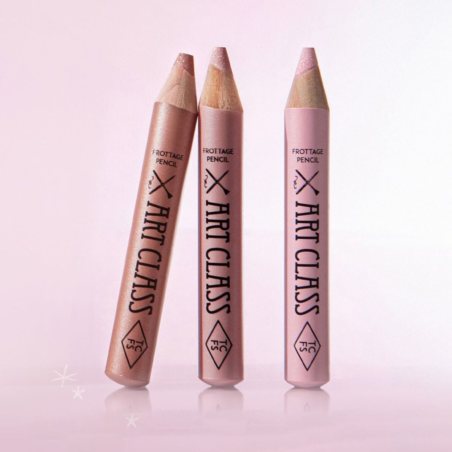 Too Cool For School Artclass Frottage Pencil eyeshadow in shades 16, 17, and 18, shown with swatches on skin.