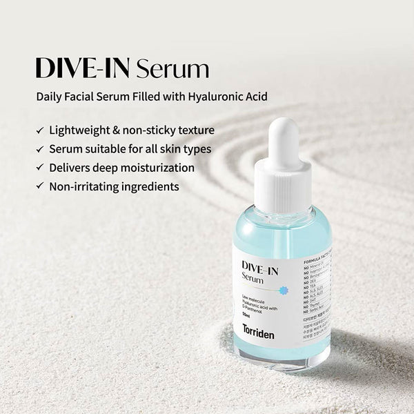 Torriden DIVE-IN Low Molecular Hyaluronic Acid Serum bottle with product label, 50ml size, on a neutral background.