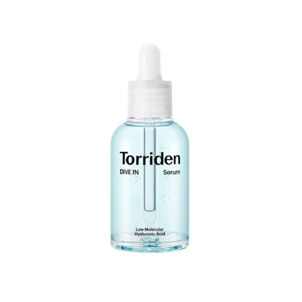 Torriden DIVE-IN Low Molecular Hyaluronic Acid Serum in a 50ml bottle, featuring clear liquid serum with a minimalist label.