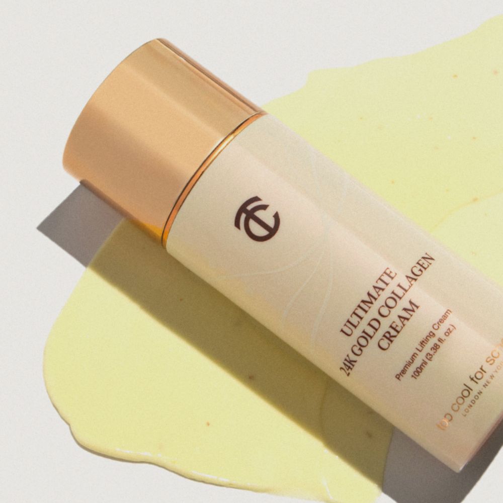 Too Cool For School Ultimate 24K Gold Collagen Face Moisturizer 100ml jar with gold accents and luxurious packaging.