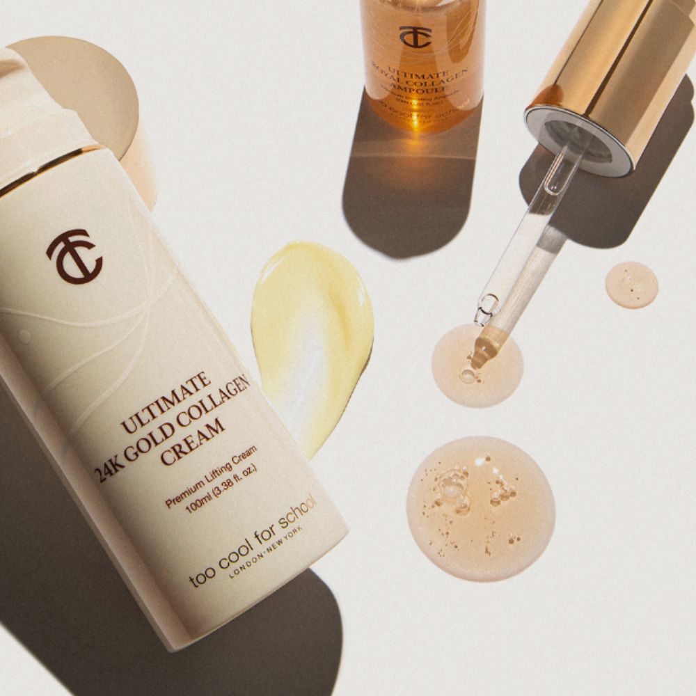 Too Cool For School Ultimate 24K Gold Collagen Face Moisturizer in 100ml jar with gold accents and luxurious packaging.