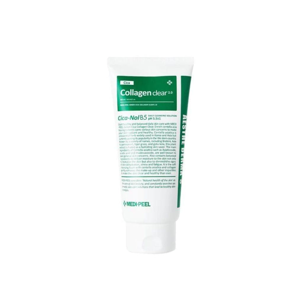 MEDIPEEL+ Green Cica Collagen Clear 2.0 gel and foam cleanser in a 300mL bottle, featuring a clean, minimalist design.