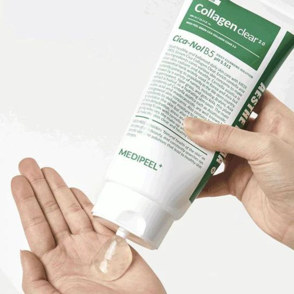 Green Cica Collagen Clear 2.0 gel and foam cleanser by MEDIPEEL+ in a 300mL bottle, showing the product and packaging.
