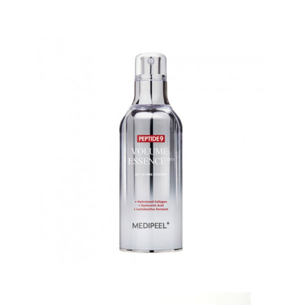 MEDIPEEL+ Peptide 9 Volume All In One Essence bottle, 100ml, showcasing clear container with product label for skin care.
