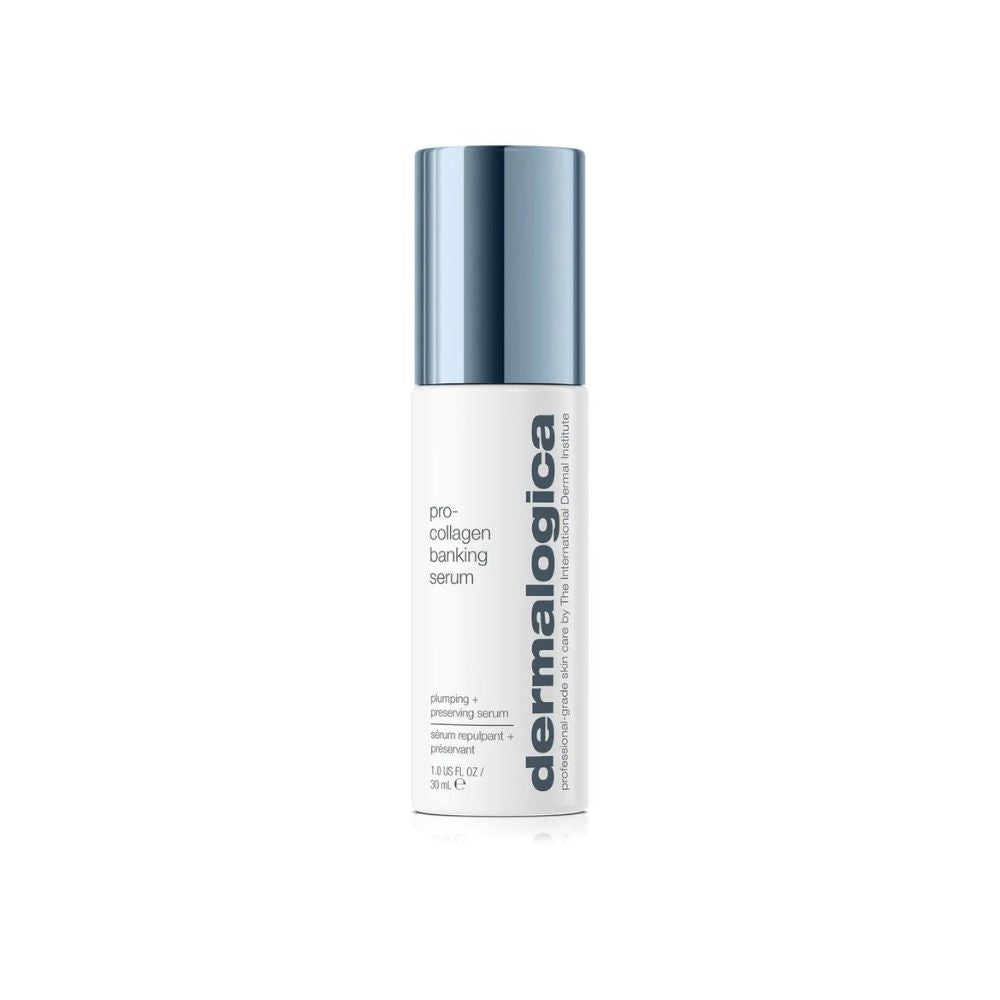 Dermalogica Pro-Collagen Banking Serum 30ml bottle with dropper, showcasing sleek packaging and clear labeling.