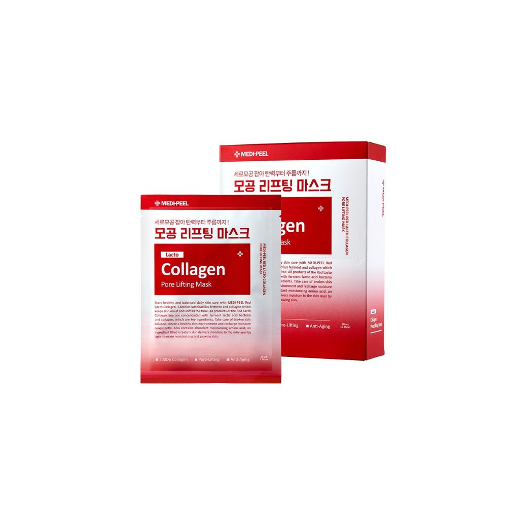 MEDI-PEEL Red Lacto Collagen Pore Lifting Mask sheet mask box with 10pcs, showing individual red collagen sheet masks for pore tightening.