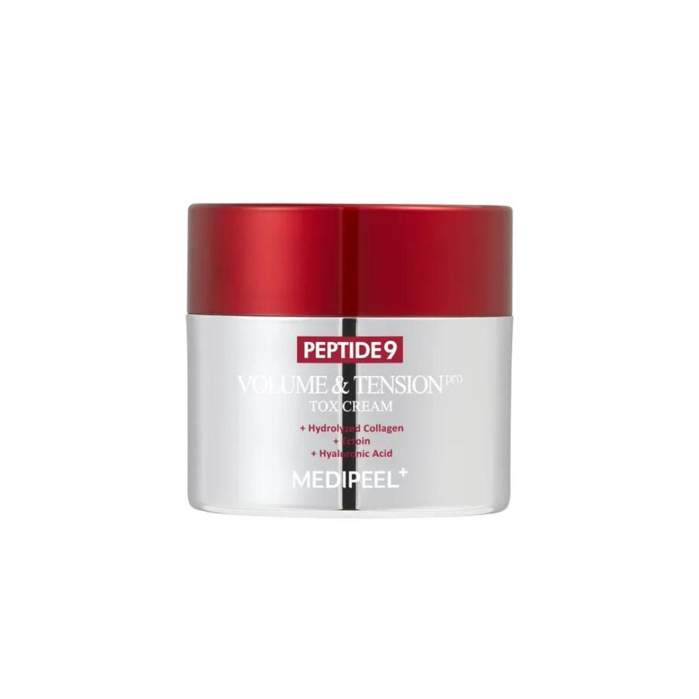 MEDIPEEL+ Peptide 9 Volume and Tension Tox Face Moisturiser cream in a jar, showcasing smooth, creamy texture for skin hydration and lift