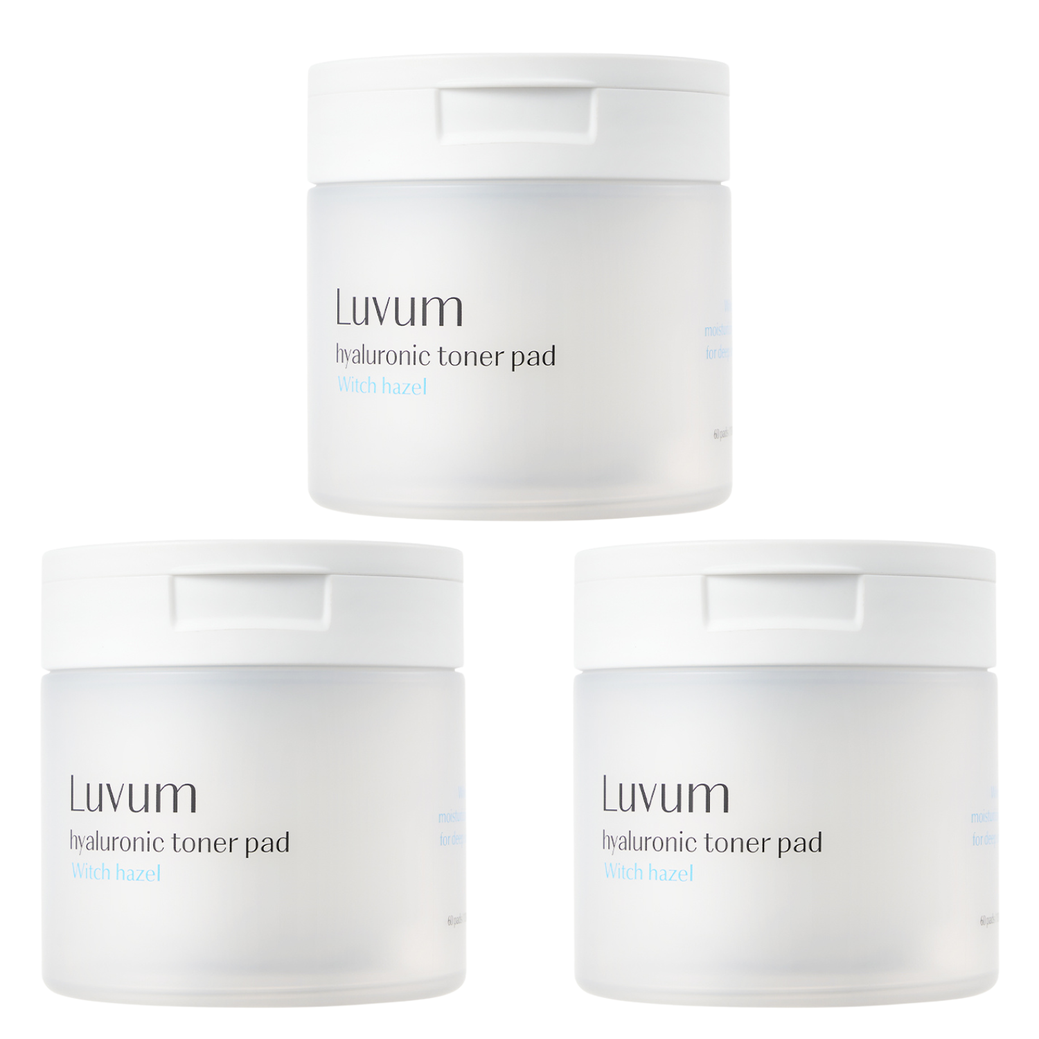 Luvum Witch Hazel Hyaluronic Toner Pad bundle with three packs, featuring soothing toner pads for skincare and hydration.