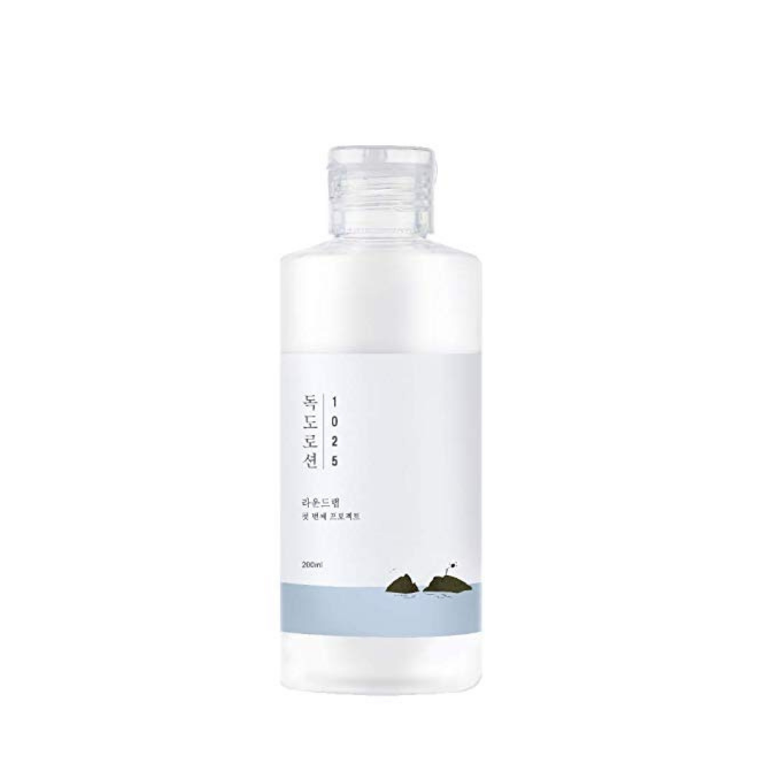 Round Lab Dokdo Lotion 200ml face moisturizer in a clear bottle with white cap, designed for hydrating skin.