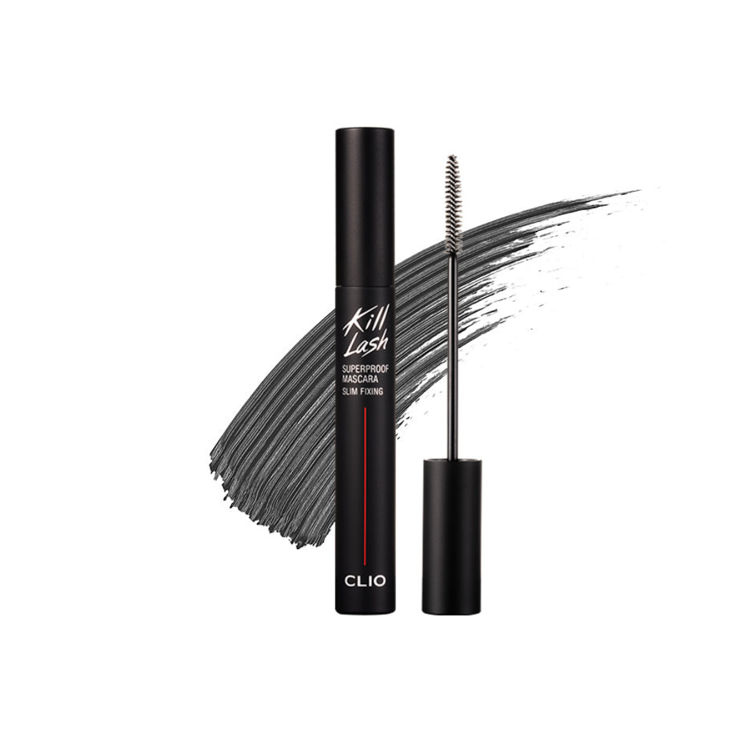 Clio Kill Lash Superproof Mascara with a sleek black tube and brush applicator, designed for volumizing and long-lasting eyelash enhancement.