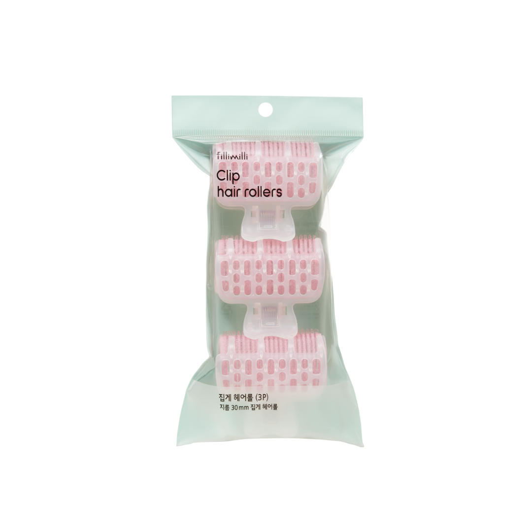 Fillimilli clip hair rollers set with three styling rollers, showcasing curled hair with the rollers in place for easy styling.