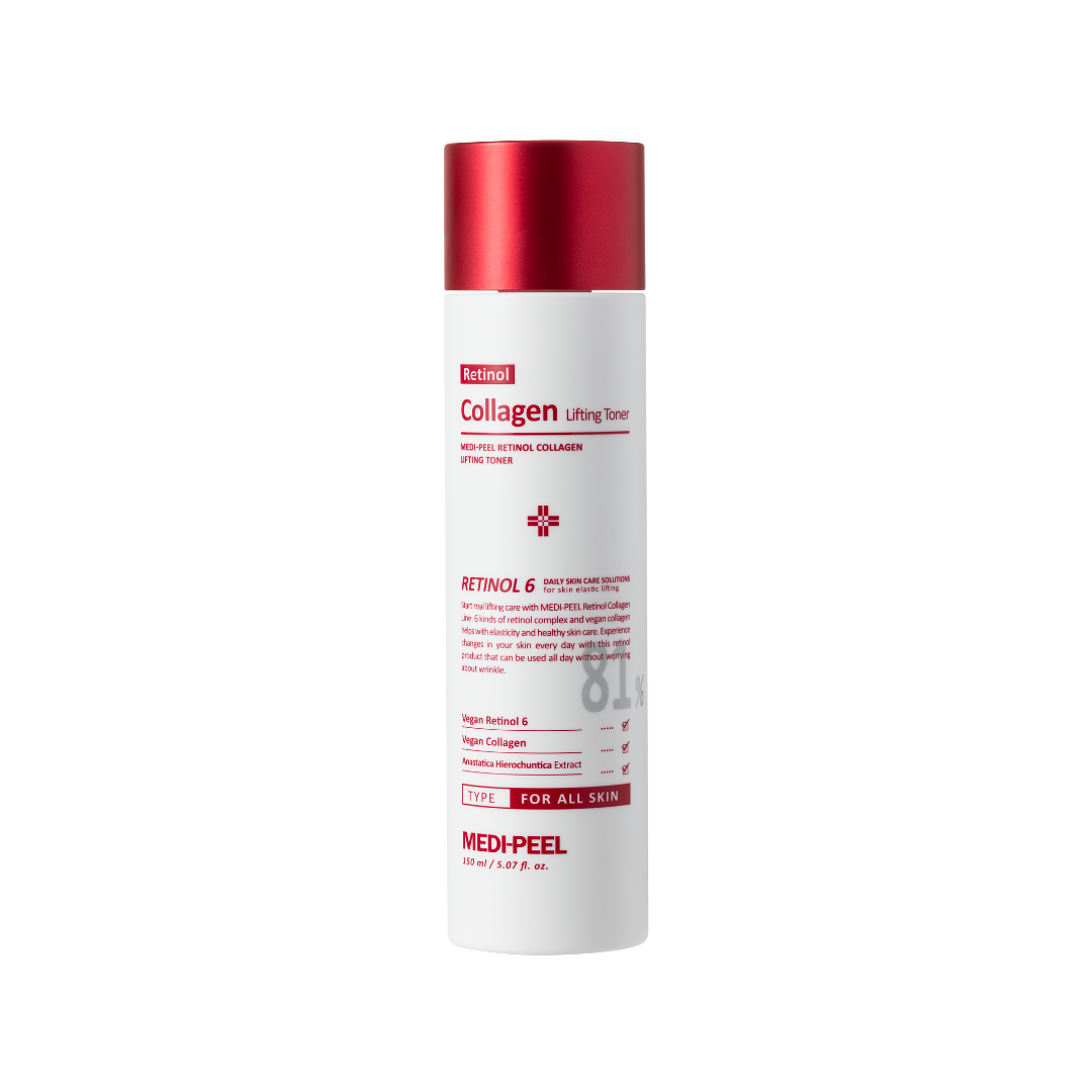 MEDIPEEL+ Retinol Collagen Lifting Toner 150ml showing clear bottle with toner and skincare label.