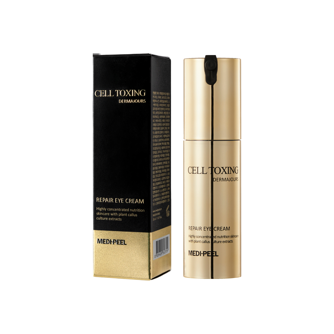MEDIPEEL+ Cell Toxing Dermajours Repair Eye Cream 30ml, close-up of the soothing eye cream in a sleek jar with a white lid