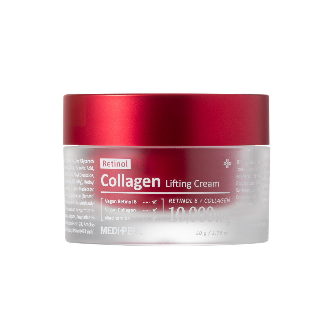 MEDIPEEL+ Retinol Collagen Lifting Cream 50ml face moisturizer with smooth, creamy texture and elegant packaging.