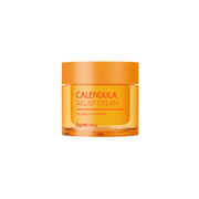 Farmstay Calendula Relief Cream 80ml face moisturizer in a jar, featuring natural calendula ingredients for soothing skin.