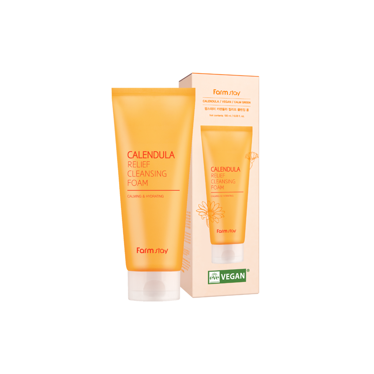 Farmstay Calendula Relief Cleansing Foam in a 180ml bottle, gentle gel and foam cleanser with calendula for sensitive skin.