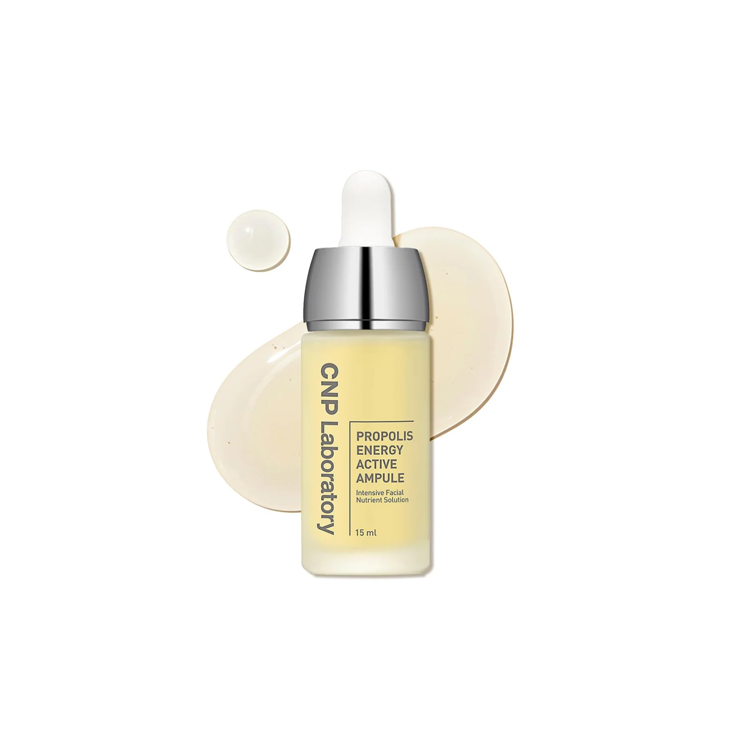 CNP Laboratory Propolis Energy Active Ampoule 15ml in a glass vial, showcasing the product's clear liquid formula and packaging.