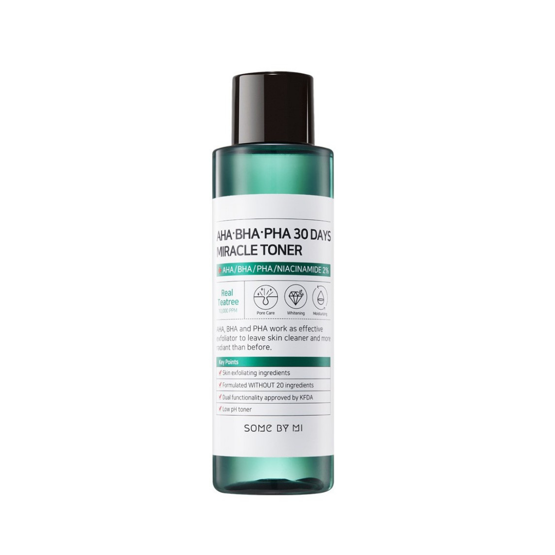 Some By Mi AHA BHA PHA 30 Days Miracle Toner in 150ml bottle, featuring clear liquid with a white cap and minimalist label.