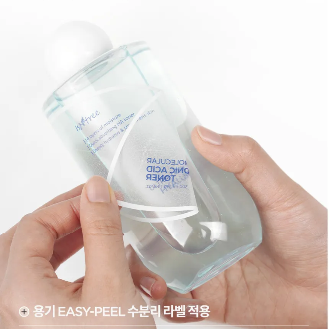 Isntree Ultra-Low Molecular Hyaluronic Acid Toner in a 300ml bottle, clear liquid with a minimalist label, suitable for hydrating skin.