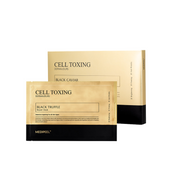 Box of five MEDIPEEL+ Cell Toxing Black Truffle Repair Sheet Masks with black packaging and mask sheets inside.