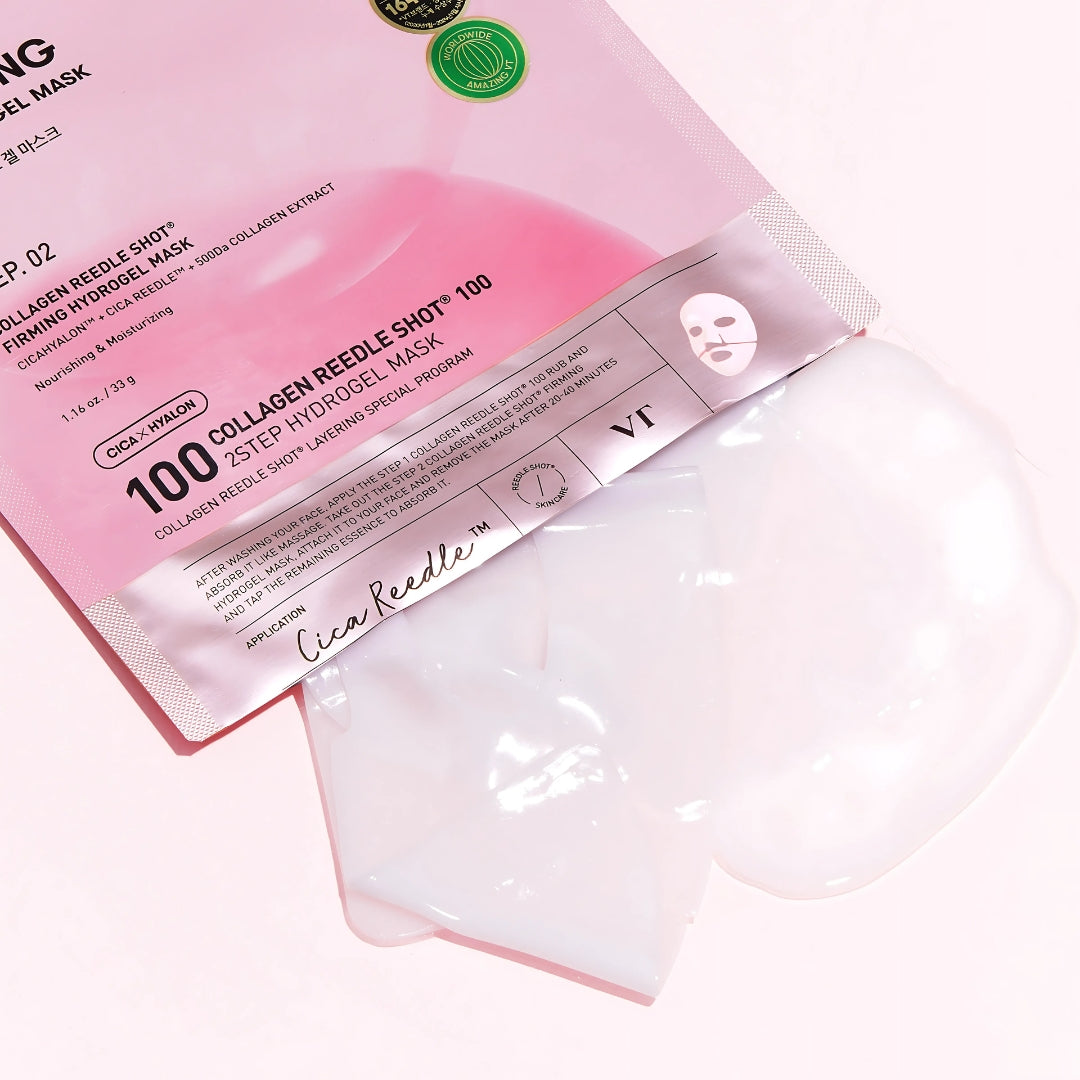 VT Cosmetics Collagen Reedle Shot 100 2-Step Sheet Mask showing the packaged mask with collagen-infused design.