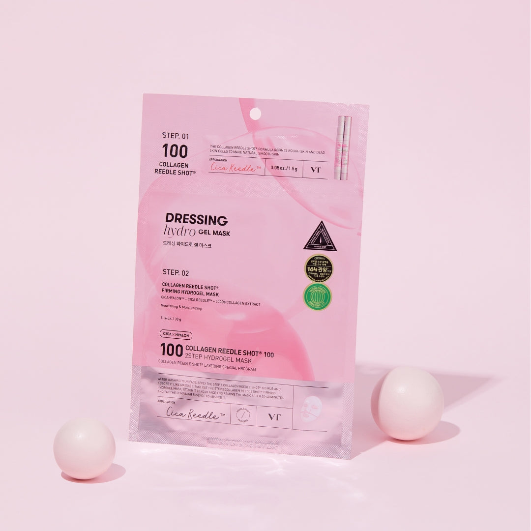 VT Cosmetics Collagen Reedle Shot 100 2-Step Sheet Mask, showing the mask sheet and packaging for skin hydration and collagen boost.