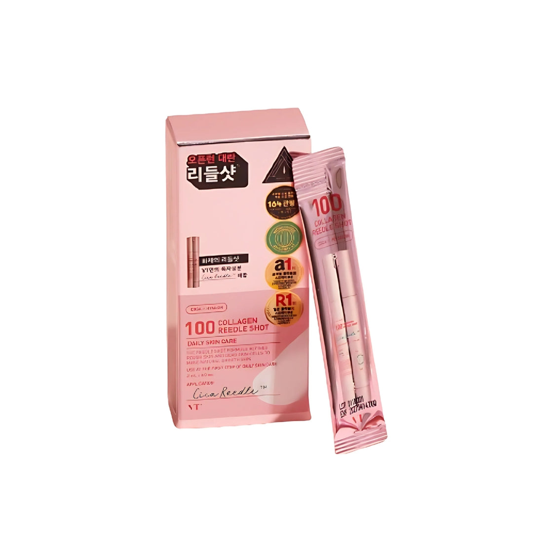 VT Cosmetics Collagen Reedle Shot serum sticks in a pouch, featuring 10 individual 2ml portable collagen serum sticks.