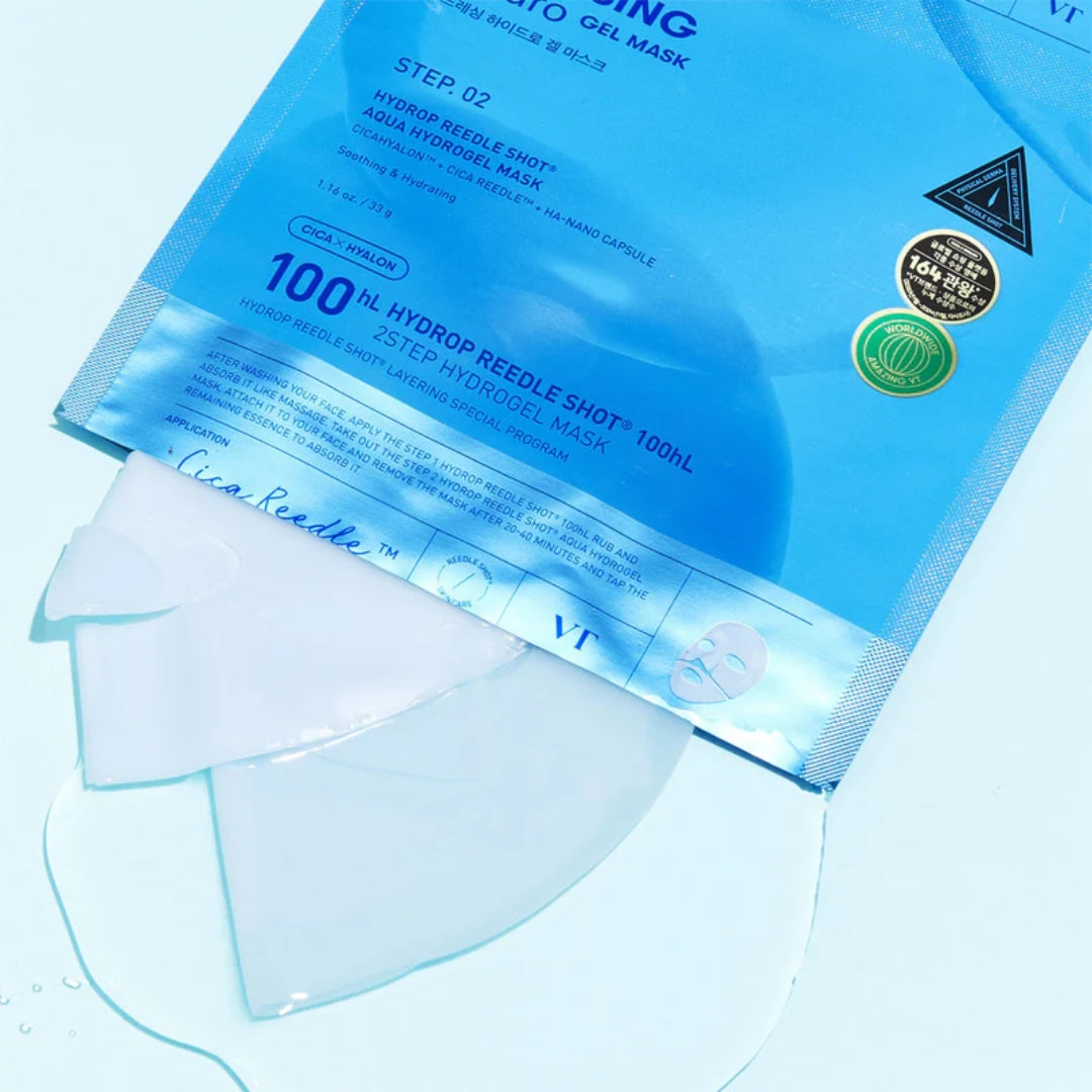 VT Cosmetics Hydrop Reedle Shot 100hL 2-Step Hydrogel Mask sheet mask showing its textured hydrogel surface and packaging.