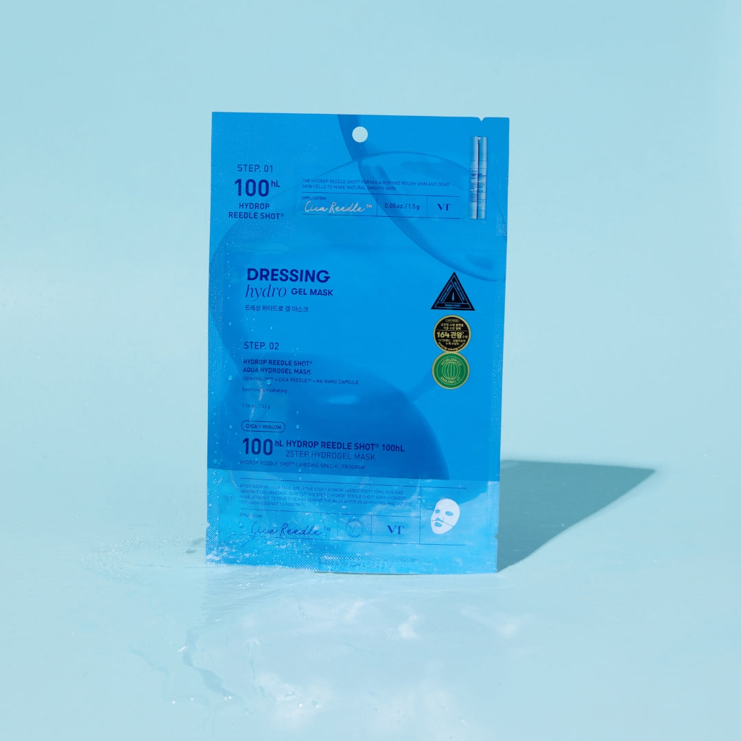 VT Cosmetics Hydrop Reedle Shot 100hL 2Step Hydrogel Sheet Mask, showing the sleek packaging and mask inside.