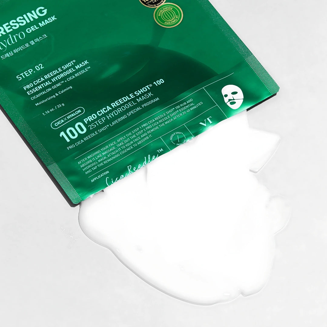 VT Cosmetics Pro Cica Reedle Shot 100 2-Step Hydrogel Sheet Mask, showing the mask's hydrogel texture and packaging.