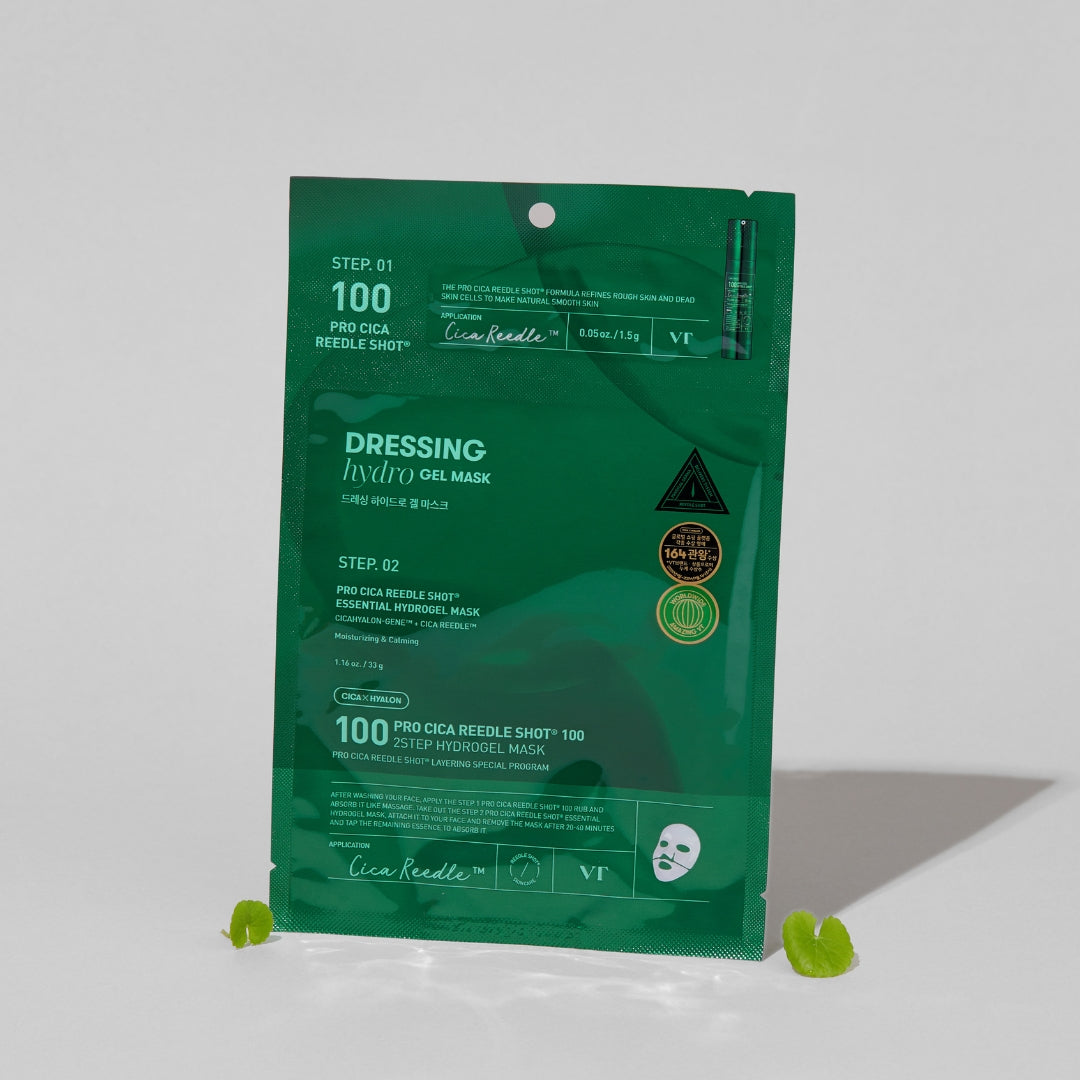 VT Cosmetics Pro Cica Reedle Shot 100 2-Step Hydrogel Sheet Mask, showing the mask and packaging for skincare.