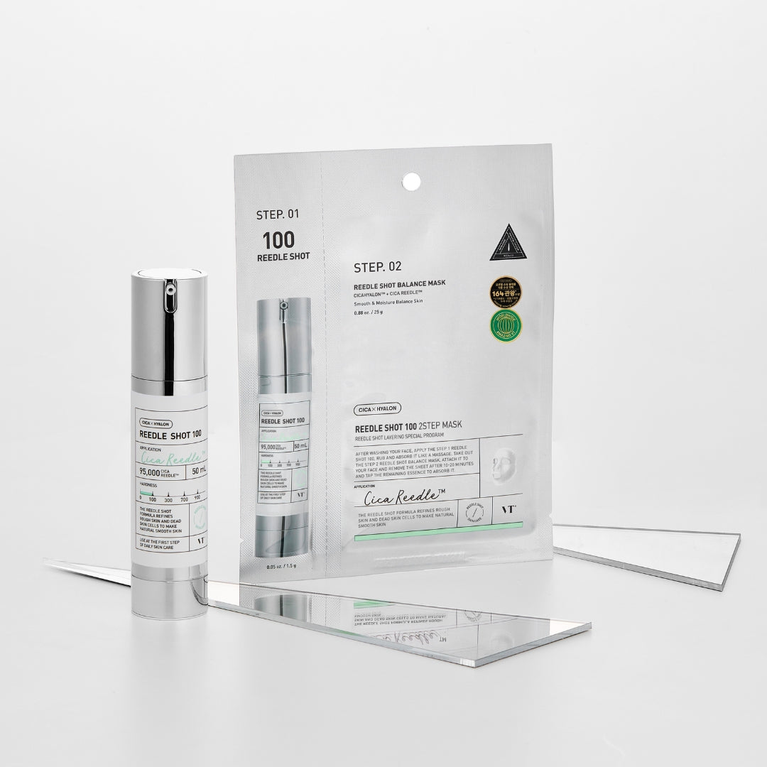 VT Cosmetics Reedle Shot 100 2Step Sheet Mask showing the unopened packaging and mask sheet for skincare.