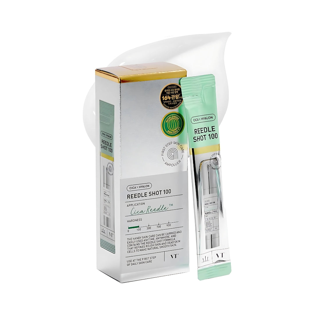 Set of 10 VT Cosmetics Reedle Shot serum pouches, 2ml each, in a compact pouch with sleek packaging and labeled serum bottles.