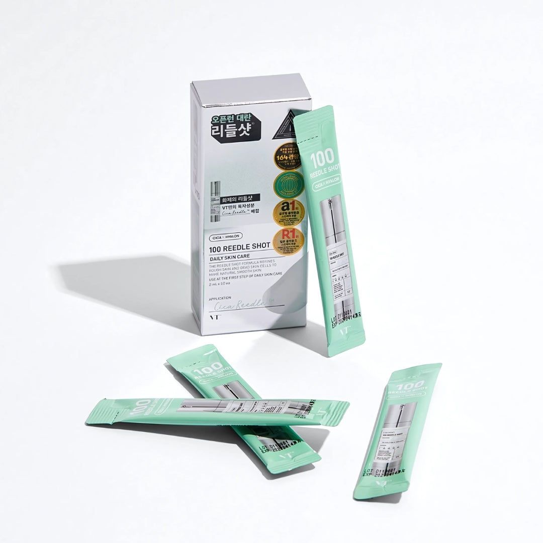 VT Cosmetics 100 Reedle Shot Serum pouch with 10 individual 2ml sticks, compact and portable skincare treatment.