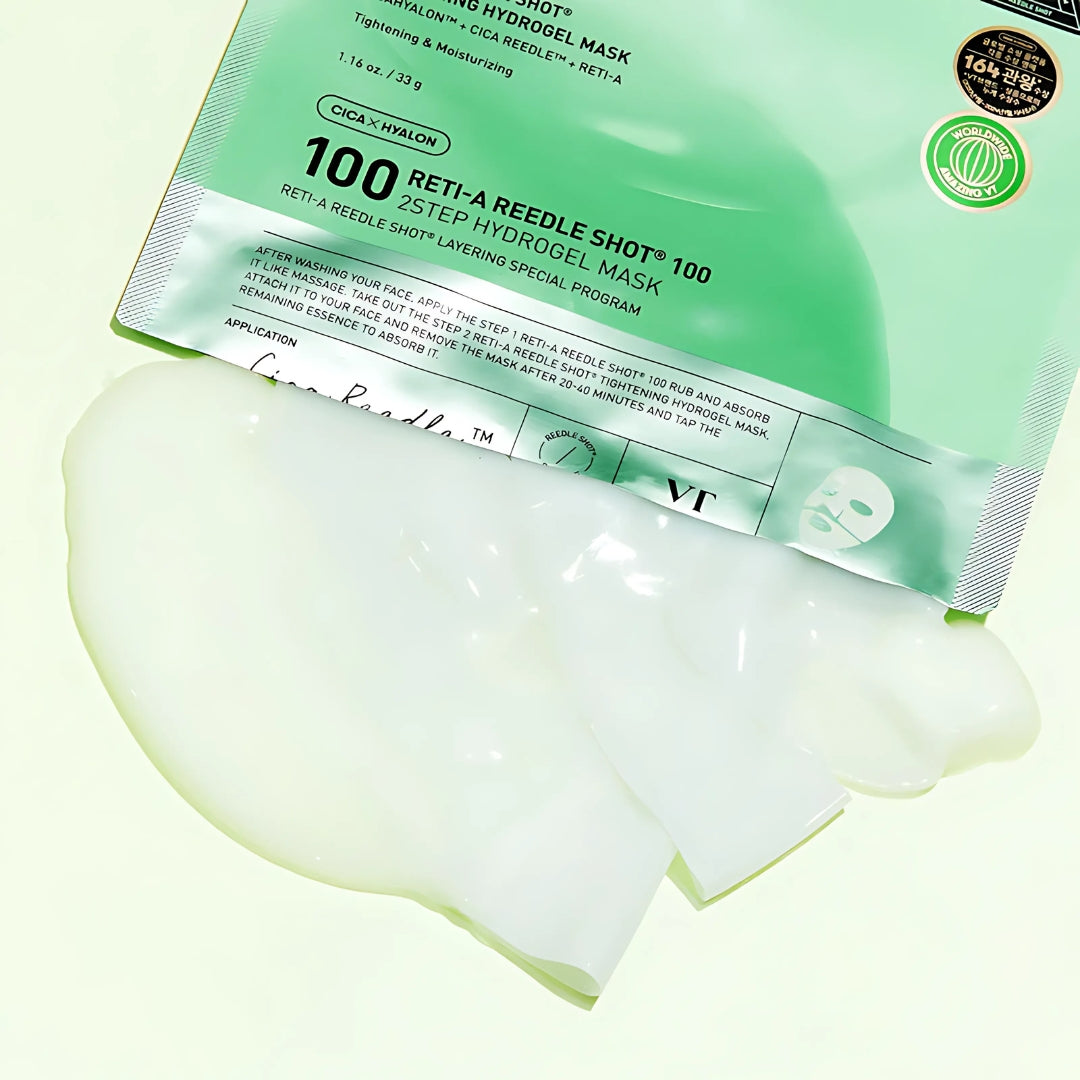 VT Cosmetics Reti-A Reedle Shot 100 2-Step Hydrogel Mask, single sheet mask for hydration and skin revitalization.