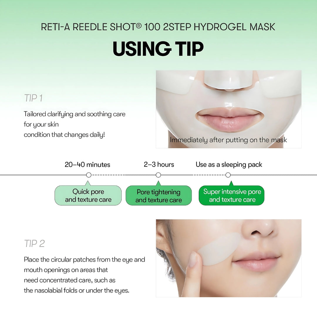 VT Cosmetics Reti-A Reedle Shot 100 2Step Hydrogel Mask sheet mask laid flat, showing the product packaging.