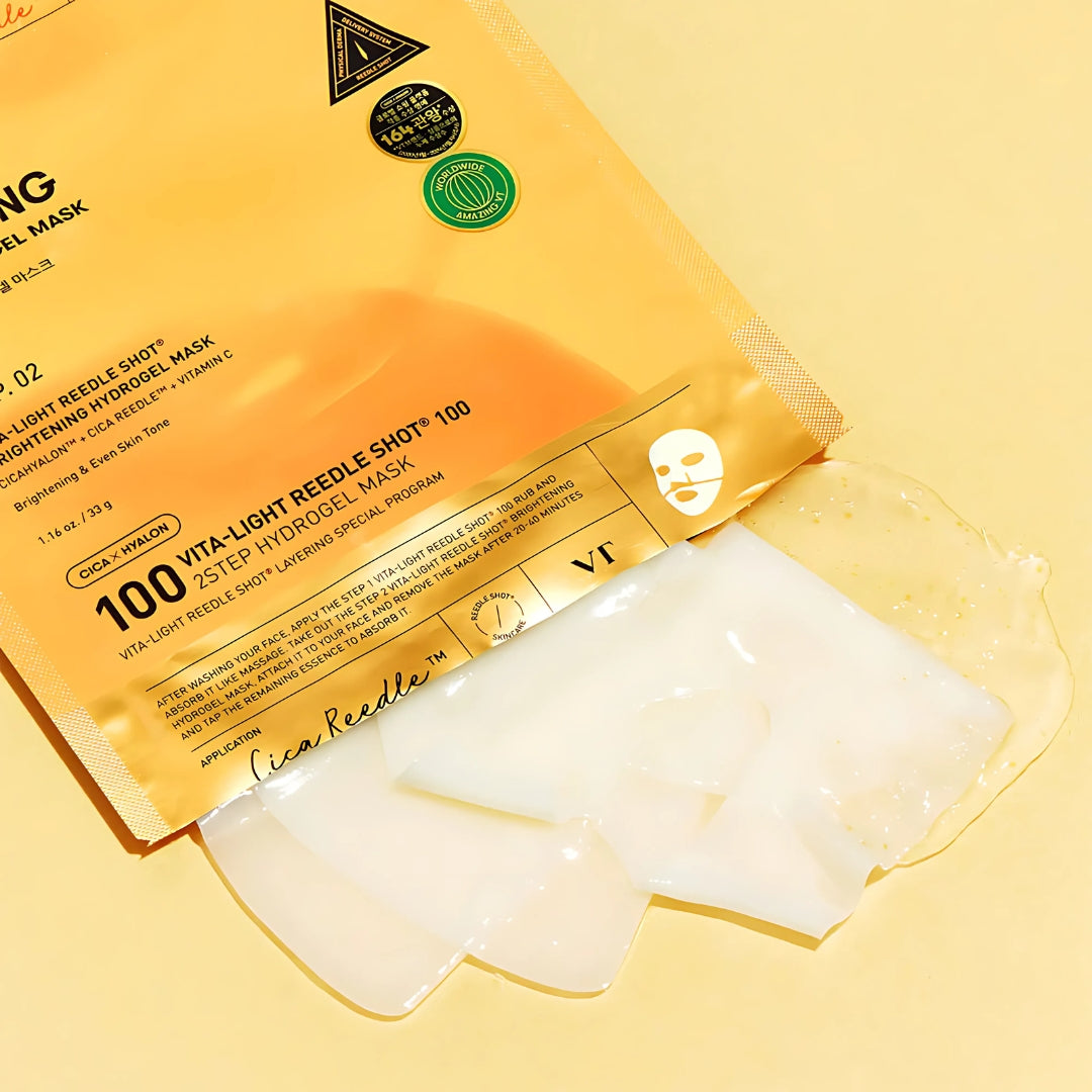 VT Cosmetics Vita-light Reedle Shot 100 2Step Hydrogel Mask sheet mask for glowing skin, shown in the image.
