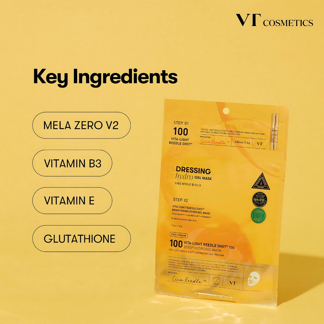 VT Cosmetics Vita-light Reedle Shot 100 2-Step Hydrogel Mask sheet mask, showing the hydrogel sheet and packaging.