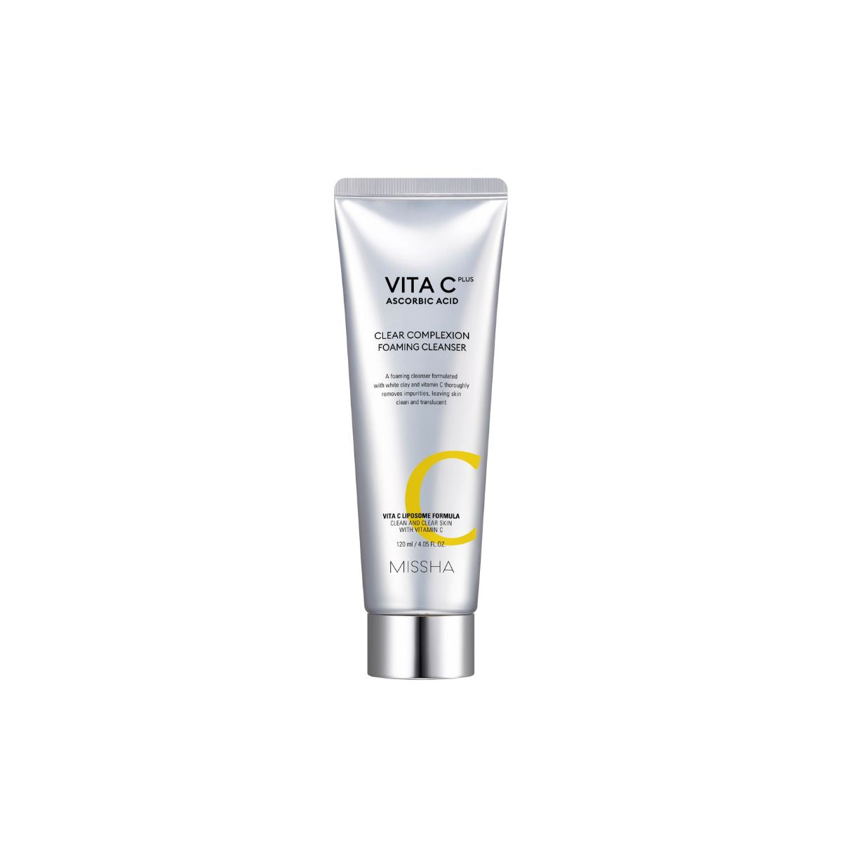 Missha Vita C Plus Clear Complexion Foaming Cleanser gel and foam cleanser in a 120ml bottle with a white and orange label.