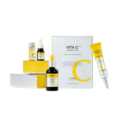 Missha Vita C Plus skincare set with four items including serum, moisturizer, and cleanser for brightening and hydration.