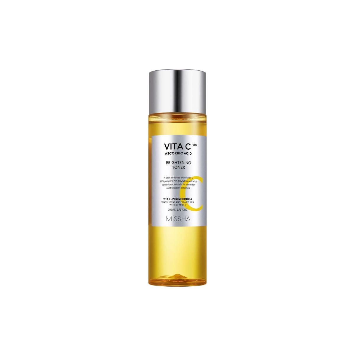 Missha Vita C Plus Brightening Toner 200ml bottle with clear liquid and label showing brightening skincare benefits.
