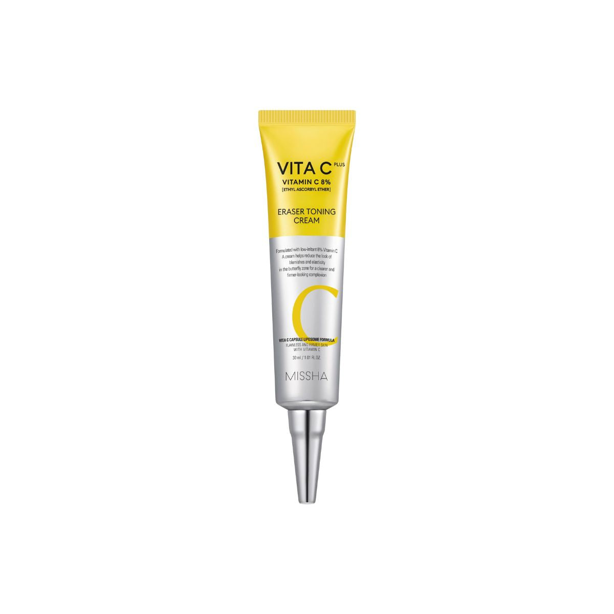 Missha Vita C Plus Eraser Toning Cream 30ml face moisturizer with brightening and skin tone evening properties.