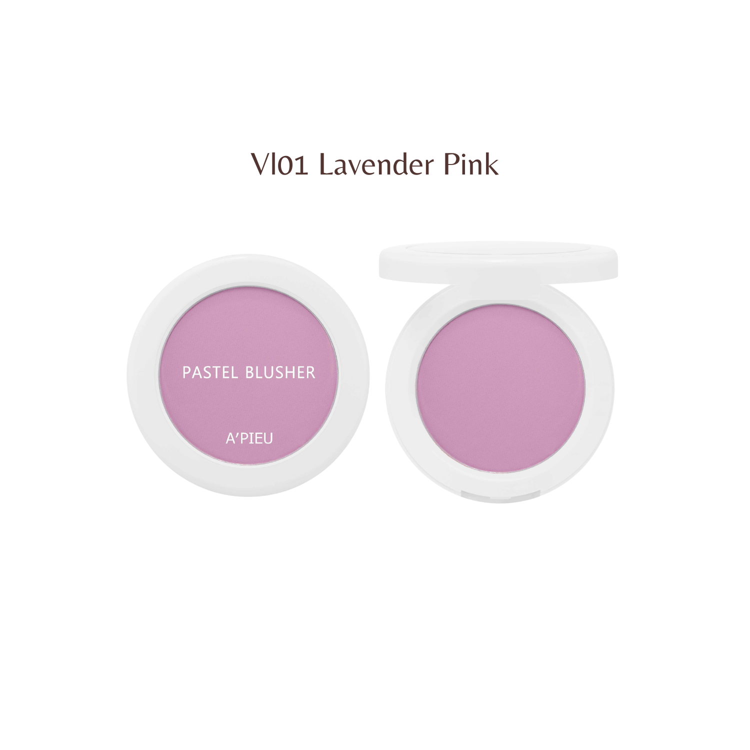 A'pieu pastel blush compact with soft pink and peach shades, featuring a round mirror and textured surface.