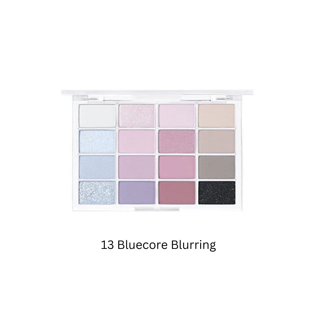 Wakemake Soft Blurring Eye Palette with 13 blue-toned eyeshadows in a sleek palette for natural eye makeup looks.