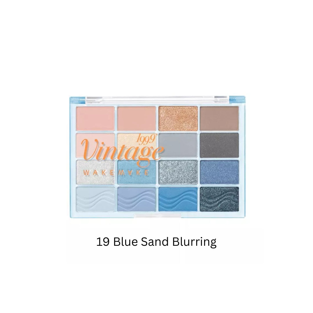 Wakemake Soft Blurring Eye Palette with blue and sandy eyeshadow shades, featuring a blendable eyeshadow palette for versatile eye looks.